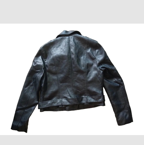 Jhichic Vegan Black Leather Moto Biker Jacket Size L Belted Zip Pockets Lined - Picture 2 of 11